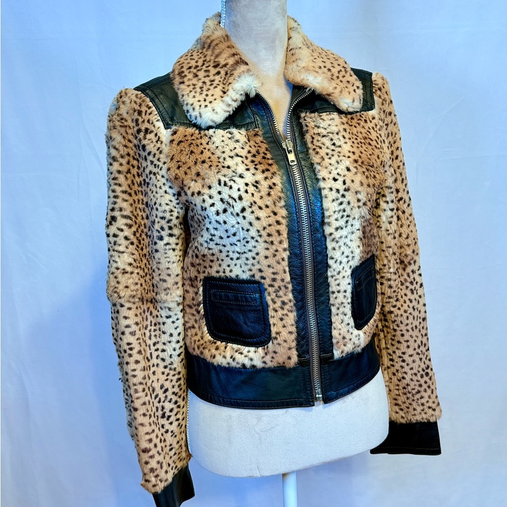 Real Fur Jacket Zebra Color With Black Leather Trim Zipper